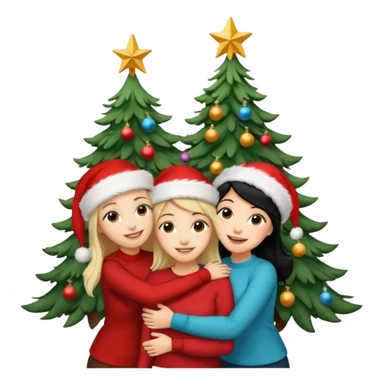 Generate Christmas-style emojis  family. Where light-skinned people stand near the tree all together, hugging and smiling. 2 girl should be Light-haired woman, 1 woman black-haired woman, and 1 man  sticker