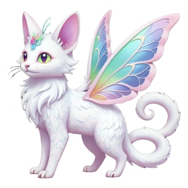 Pure-snow-White albino iridescent with pastel rainbow-gradients-color-markings with swirly patterns butterflies  faerie-Noivern-Noibat-Purloin-Torracat-Lykoi-Caracal-cat-Fakemon-fusion-hybrid-creature sticker
