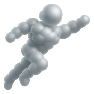flying person made entirely of white convex clouds, matte glass style, no background, light dynamic sticker