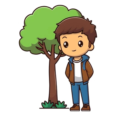 boy with brunette hair brown eyes and tree behind sticker