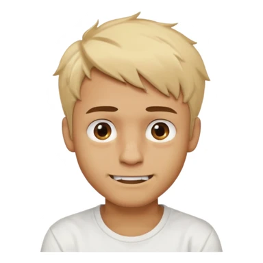 Male with short, messy blonde hair, large expressive golden-brown eyes, brown skin, scar over nose, crooked smile showing slightly damaged teeth, wearing a plain white t-shirt. sticker