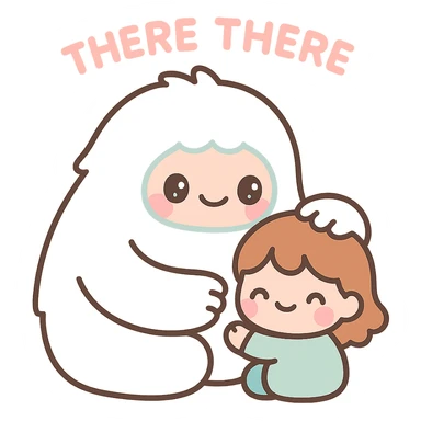 abominable snowman comforting a child, with the words 'there there', kawaii style, suitable for YouTube sticker