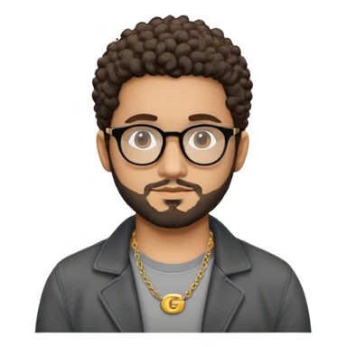 Hombre latino piel marron claro, cara estirada ovalada, gafas redondas oscuras, barba corta, pelo corto a los lados   rizado. Sonrisa leve, expresión tranquila. Camiseta gris, jacket negro abierto, collar G dorado sticker