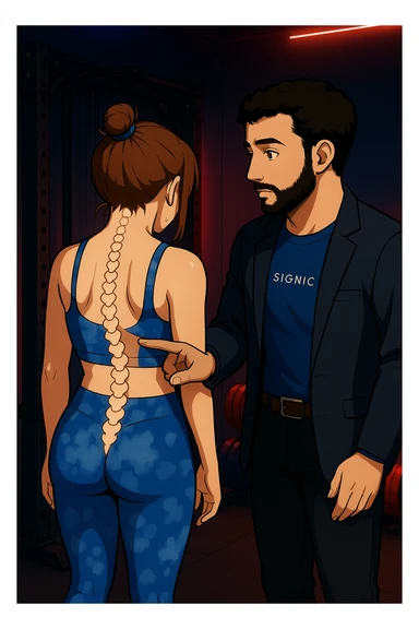 ispirati a questo stile di disegno e fai questa immagine in versione manga/webtoon a colori, il manga mostra la donna di spalle, mentre l'uomo le tocca la spina dorsale per spiegarle come funziona la scoliosi:
Con una scoliosi il baricentro corporeo cade maggiormente da un lato; per non cadere la schiena compensa accumulando tensione sul fianco opposto.
Il risultato? Si inclina e ruota sempre più, fino a che non cede (discopatie, artrosi, ecc) sticker