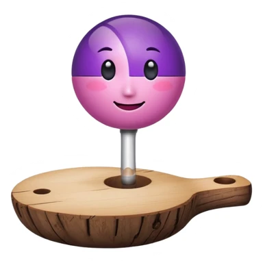 A half pink half purple ball with a face wooden stem followed by a glass stem on top of the wood stem tilted 90 degrees sticker