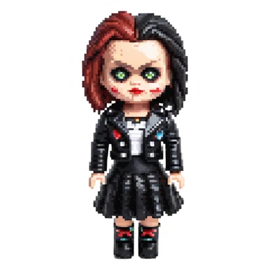 doll version of Chucky's bride in black dress, black leather jacket, heavy dark makeup sticker