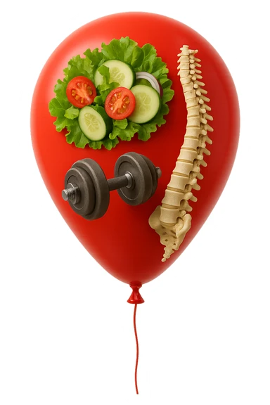 palloncino rosso con all'interno insalata, manubri da palestra e una spina dorsale anatomica realistica in 3d, isolato su sfondo bianco sticker