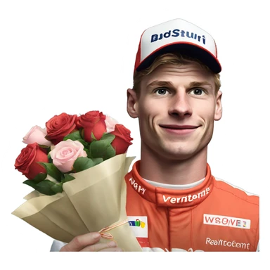 realistic photo of max verstappen holding roses and chocolates sticker