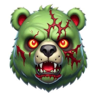 zombie bear portrait, head and shoulders only, cracked skin, stitched scars, glowing red-green eyes, powerful undead beast vibe, 3D cartoon, mobile game icon style, clean background, no text, no watermark
 sticker