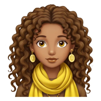 bohemian style girl, brown skin, long brown curly hair tied high, lemon yellow scarf, round earrings sticker