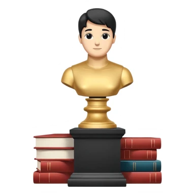 Minimalistic flat vector icon, iOS style, thin black contour on white background. Bust statue on a small pedestal next to a stack of books, symbolizing classic literature. Clean, no text, no shadows sticker