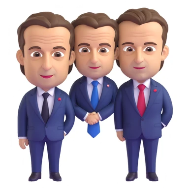 3D chibi caricature of Nicolas Sarkozy and Emmanuel Macron, standing together, oversized heads, small realistic bodies, navy suits, Sarkozy with blue tie, Macron with red tie, realistic faces, soft lighting sticker