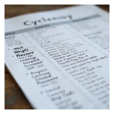 hyperrealistic 4K close-up of cycle monitoring table with columns: 'Week, Weight, Pressure, Tests, Notes', handwritten data, detailed sticker