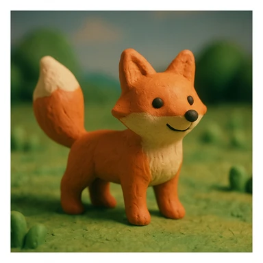fox with a bushy tail, standing alert, cheerful and cute, in a grassy meadow, claymation style sticker