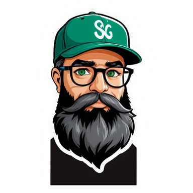 A bold man with a grey baseball cap, green eyes, big beard and glasses sending kiss sticker