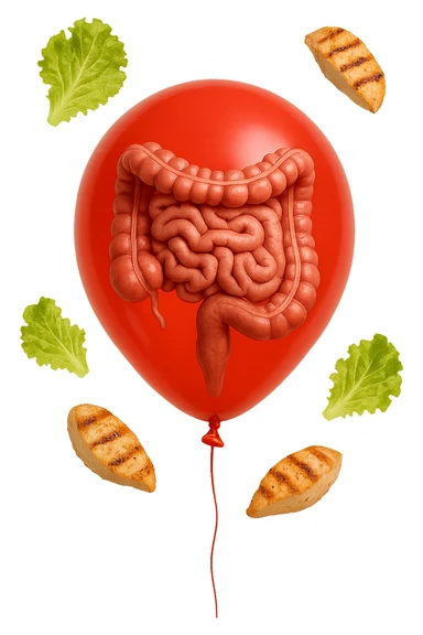 intestino anatomico realistico chiuso in un palloncino rosso e foglie di insalata e petto di pollo grigliato che fluttuano intorno sticker