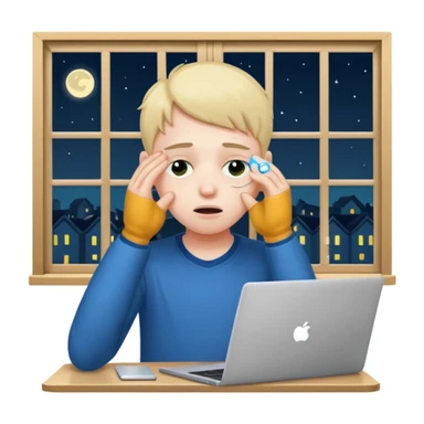 tired student with laptop, window at night behind, rubbing eyes with one hand sticker