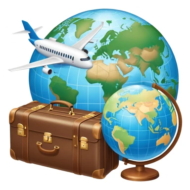 An icon featuring a suitcase, a hotel building, and one globe, symbolizing tourism and hospitality. The design includes a plane and a map, representing travel and accommodation services. Transparent background highlights the global nature of tourism and the hospitality industry. sticker
