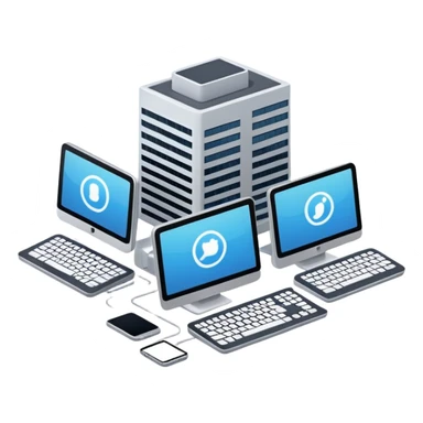 building with various computers and devices attached sticker