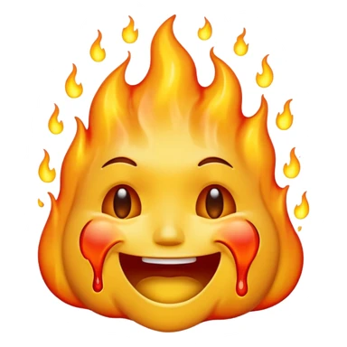 A high-resolution, surreal emoji face with a transparent background. The emoji is simultaneously grinning, crying, and melting while on fire.  sticker