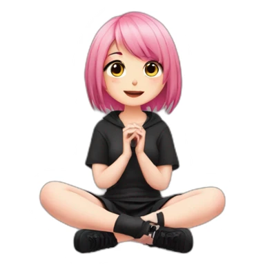 Full body Front view curvy emo girl pink hair sits on the floor straight view hands up black skirt полосатые рваные чулки sticker