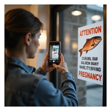 realistic pregnant woman in 4K taking a photo with a cellphone of a sign that says: 'Attention, consuming raw salmon may pose risks during pregnancy' sticker
