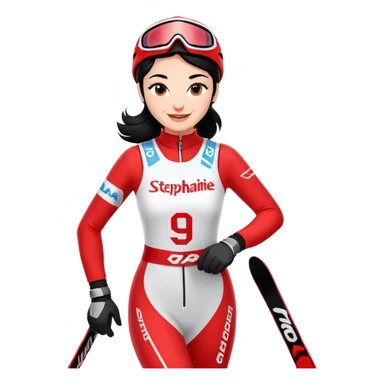 Ski racer woman red white dress with the name STEPHANIE on the dress black hair smile sticker