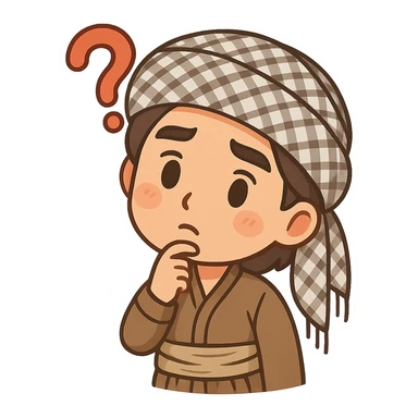 Kurdish man or woman in jamadani, cartoon style, big question mark above head, curious or puzzled expression, no text sticker