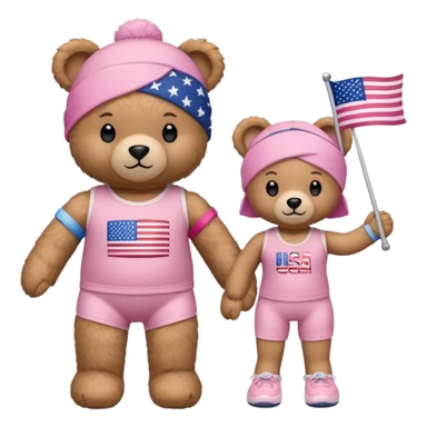 osito de peluche cafe claro con ropita rosa claro y estapado de la bandera de usa y otro con una liga de pilates en la cabeza y con ropa deportiva sticker