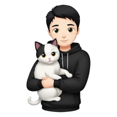 A bad boy with black hair wearing a sweatshirt happily hugs a white cat sticker