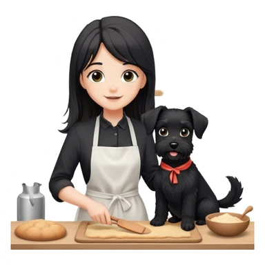 pale smiling girl baking with long back hair wearing black long shirt wearing apron holding black  schnauzer sticker