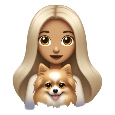 A girl with long black hair, light brown eyes, big lips, fair skin, holding a light pomeranian in her hands sticker