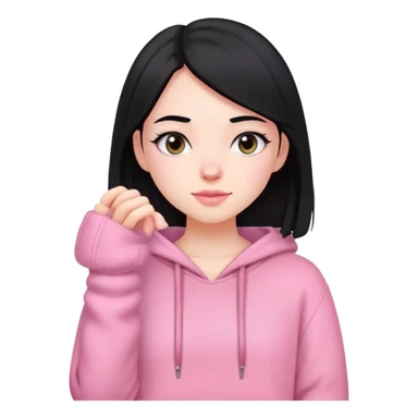 pale girl with medium length black hair, wearing a pink comfy outfit sticker