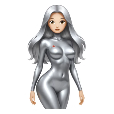 abstract sensual skinny&busty body silhouette, liquid silver chrome, smooth curves,chrome silver long hair, chrome metallic color face and body, sensual poses sticker