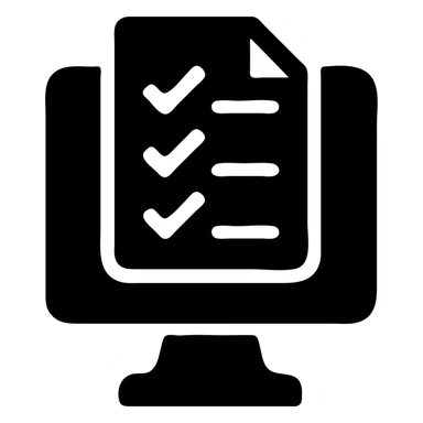 document with checkmarks shown on a desktop computer, strong contrast, no color, solid filled icon style sticker