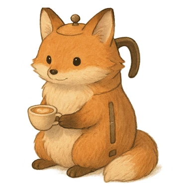 high-quality, visually appealing, normal-looking soft pastel fluffy fox designed as a coffee maker animal, holding a tiny latte cup, brown and beige tones, full-body, transparent background, 电器拟动物风格 sticker