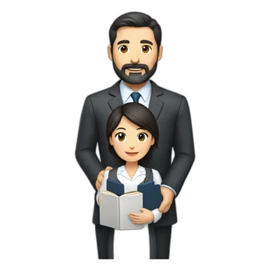 husband classic middle aged executive dark hair trimmed beard wearing business suit holding bible, with wife asian age 55 dark hair wearing nurse uniform sticker