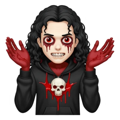 Vampire wearing a black hoodie with a skull logo on it, long curly hair that covers the forehead, fanged teeth and blood on hands sticker