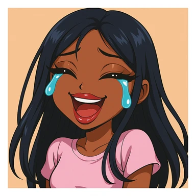 Make the character look like a 20-year-old woman in anime Bratz style with dark skin, dark hair, crying laughing expression, big expressive eyes, and glossy lips. sticker