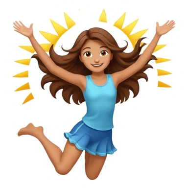 Girl with long brown hair happy jumping in the air with sunbeams in the background  sticker