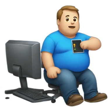 fat man in a blue shirt using a computer sticker