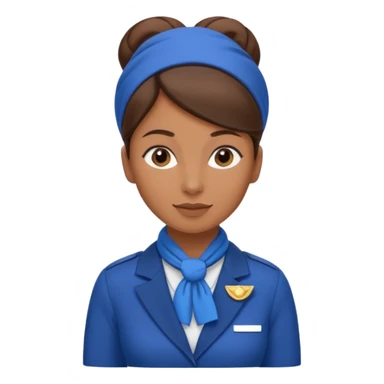 Brown tan skin flight attendant, brown hair in a bun, blue uniform, blue scarf sticker