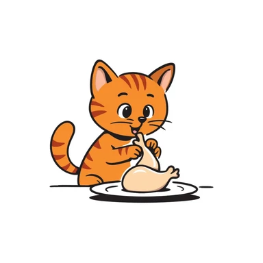 orange cat with orange eyes eating a chicken thigh from a plate, hand drawn doodle style sticker