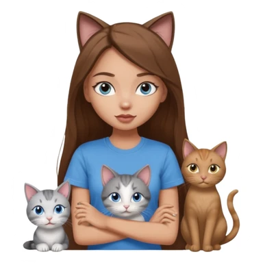a pretty bratz dusky light skin girl with long brown hair, blue eyes with six cats nd wearing a grey tshirt sticker