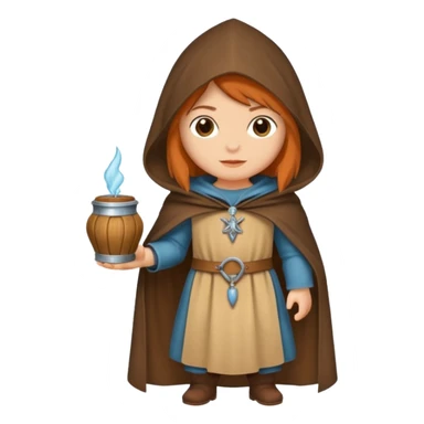 vorrei un piccolo buffo pellegrino medievale con abito e cappuccio marrone sotto la pioggia in stile stickers  sticker