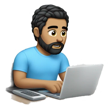 white guy with beard black hair up thin face typing in laptop wearing sky blue t-shirt, laptop should be in his hands sticker