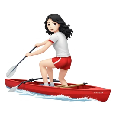 girl with long black wavy hair, white skin, wearing red shorts and white short-sleeve t-shirt, doing Olympic rowing in a long thin racing boat, facing fully right, slightly from a distance sticker
