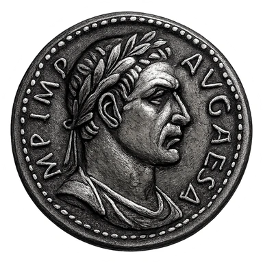 Generate an imperial coin icon in the style of the reference image, but with a more pronounced laurel crown and bolder facial features, transparent background. Maintain the ancient Roman engraving style with strong lines and classic details. sticker