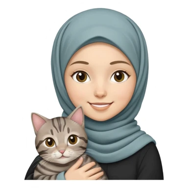 White girl wearing hijab holding a black grey tabby cat while smiling sticker