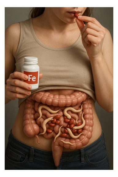 donna con parassiti intestinali che prende integratore di ferro, ma lo mangiano i suoi parassiti. Immagini realistiche sticker